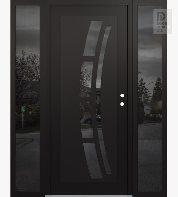 Modern Steel Front Door Diamond C12 64" x 80" black/black mirrored Glass Panel black LHI with 2 Sidelites mirrored Glass