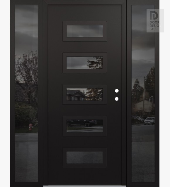 Modern Steel Front Door Diamond D1 68" x 80" black/black mirrored Glass Panel black LHI with 2 Sidelites mirrored Glass