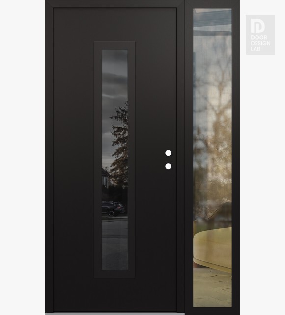 Modern Steel Front Door DIAMOND A11 48" X 80" BLACK/BLACK MIRRORED GLASS PANEL BLACK LHI WITH SIDELITE CLEAR GLASS