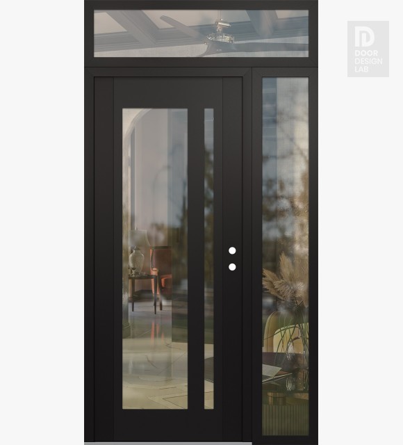 Modern Steel Front Door Diamond C15 48" x 96" black/black clear Glass Panel black LHI with Sidelite and Transom clear Glass