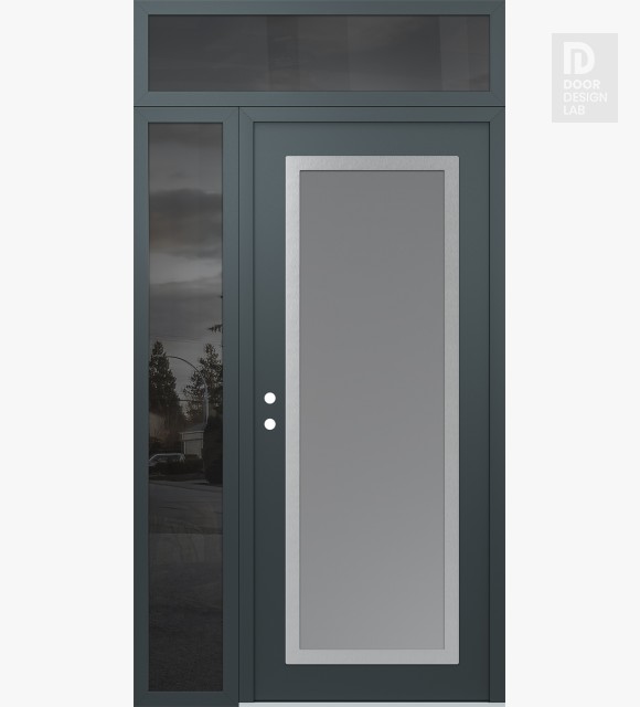 Modern Steel Front Door Diamond C1 50" x 96" anthracite/anthracite frosted Glass Panel stainless steel RHI with Sidelite and Transom mirrored Glass