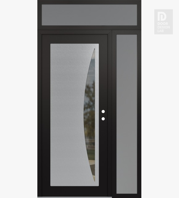 Modern Steel Front Door Diamond C13 50" x 96" black/black clear Glass Panel stainless steel LHI with Sidelite and Transom frosted Glass