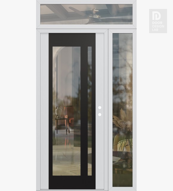 Modern Steel Front Door Diamond C15 52" x 96" white/white clear Glass Panel black LHI with Sidelite and Transom clear Glass