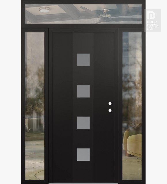 Modern Steel Front Door DIAMOND A12 64" X 96" BLACK/WHITE FROSTED GLASS PANEL BLACK LHI WITH 2 SIDELITES AND TRANSOM CLEAR GLASS