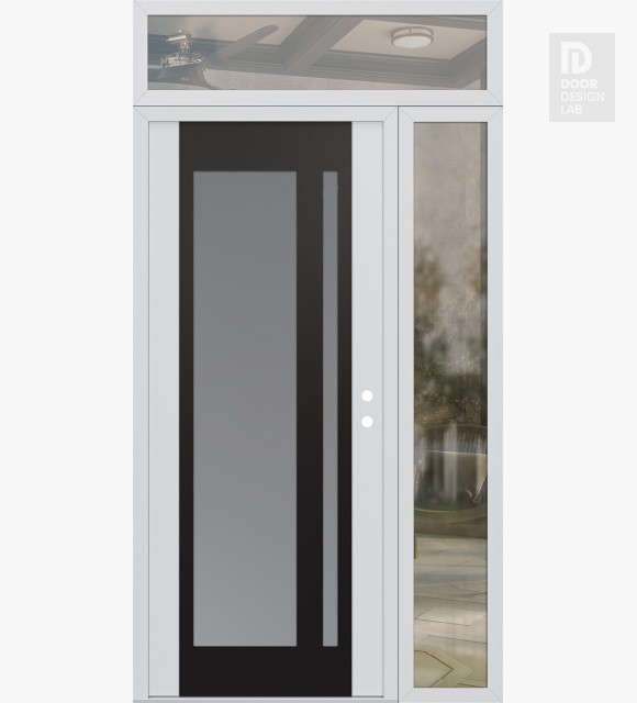 Modern Steel Front Door Diamond C15 48" x 96" white/white frosted Glass Panel black LHI with Sidelite and Transom clear Glass