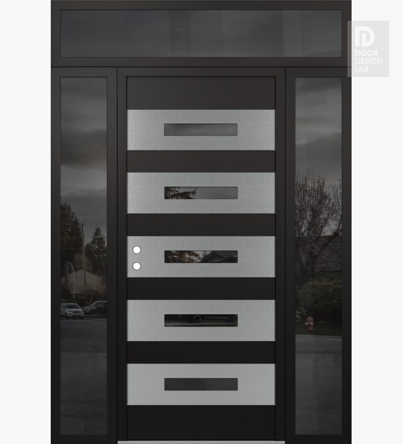 Modern Steel Front Door Diamond D9 60" x 96" black/black mirrored Glass Panel stainless steel RHI with 2 Sidelites and Transom mirrored Glass