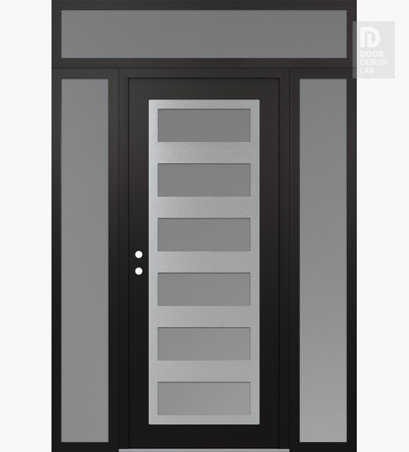 Modern Steel Front Door Diamond C9 60" x 96" black/white frosted Glass Panel stainless steel RHI with 2 Sidelites and Transom frosted Glass