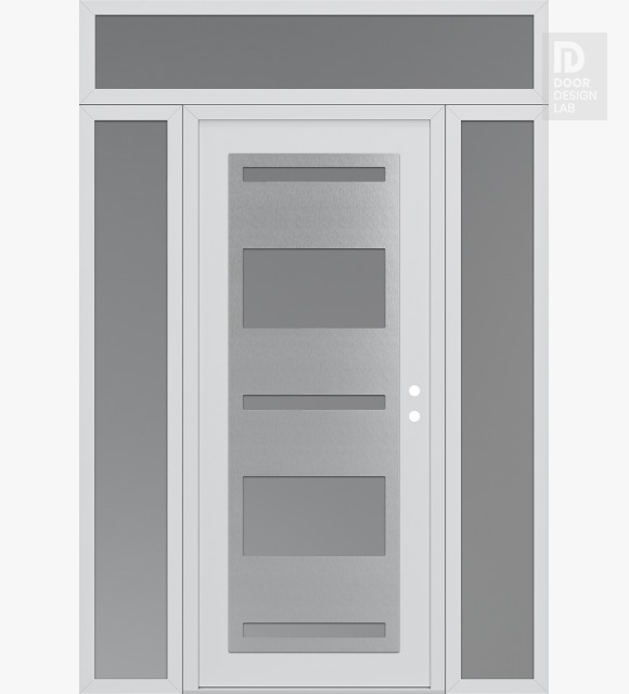 Modern Steel Front Door Diamond C10 68" x 96" white/white frosted Glass Panel stainless steel LHI with 2 Sidelites and Transom frosted Glass