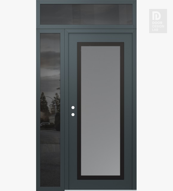 Modern Steel Front Door Diamond C1 48" x 96" anthracite/anthracite frosted Glass Panel black RHI with Sidelite and Transom mirrored Glass