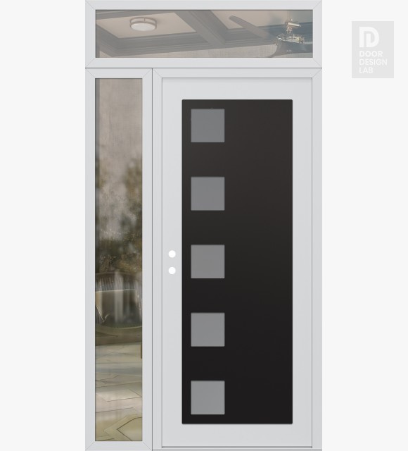 Modern Steel Front Door Diamond C5 50" x 96" white/white frosted Glass Panel black RHI with Sidelite and Transom clear Glass