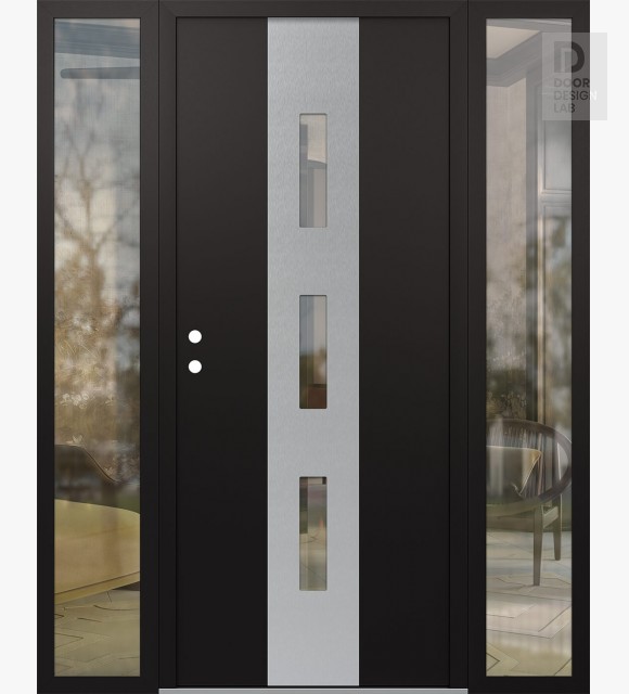 Modern Steel Front Door DIAMOND A7 60" X 80" BLACK/BLACK CLEAR GLASS PANEL STAINLESS STEEL RHI WITH 2 SIDELITES CLEAR GLASS