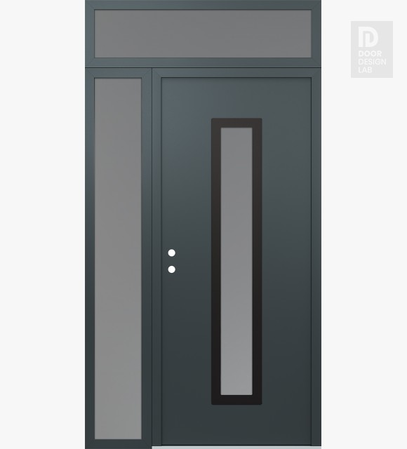 Modern Steel Front Door DIAMOND A11 50" X 96" ANTHRACITE/ANTHRACITE FROSTED GLASS PANEL BLACK RHI WITH SIDELITE AND TRANSOM FROSTED GLASS