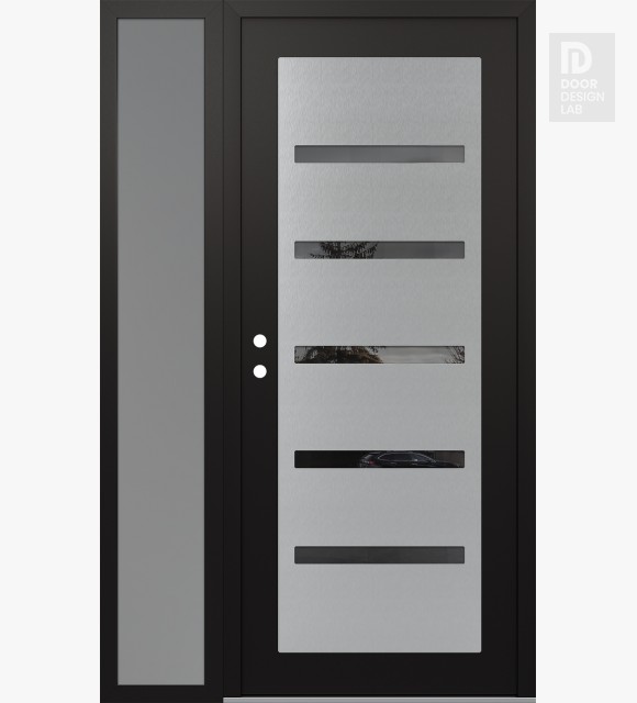 Modern Steel Front Door Diamond C7 48" x 80" black/black mirrored Glass Panel stainless steel RHI with Sidelite frosted Glass