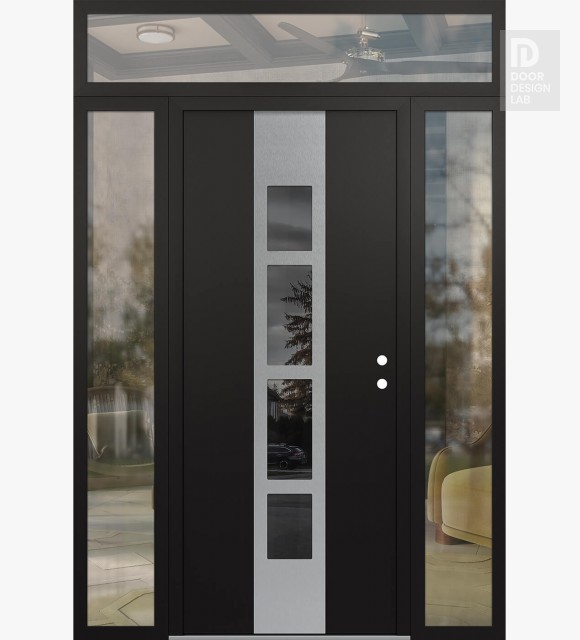Modern Steel Front Door DIAMOND A10 60" X 96" BLACK/BLACK MIRRORED GLASS PANEL STAINLESS STEEL LHI WITH 2 SIDELITES AND TRANSOM CLEAR GLASS