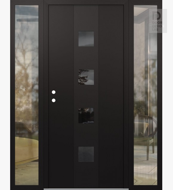 Modern Steel Front Door DIAMOND A12 64" X 80" BLACK/BLACK MIRRORED GLASS PANEL BLACK RHI WITH 2 SIDELITES CLEAR GLASS