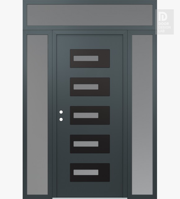 Modern Steel Front Door Diamond D6 68" x 96" anthracite/anthracite frosted Glass Panel black RHI with 2 Sidelites and Transom frosted Glass