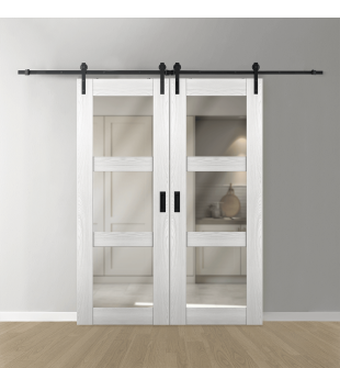 DOUBLE BARN DOOR AVON 3 LITE VETRO RIBEIRA ASH 60" X 80" X 1 3/4" BLACK HARDWARE