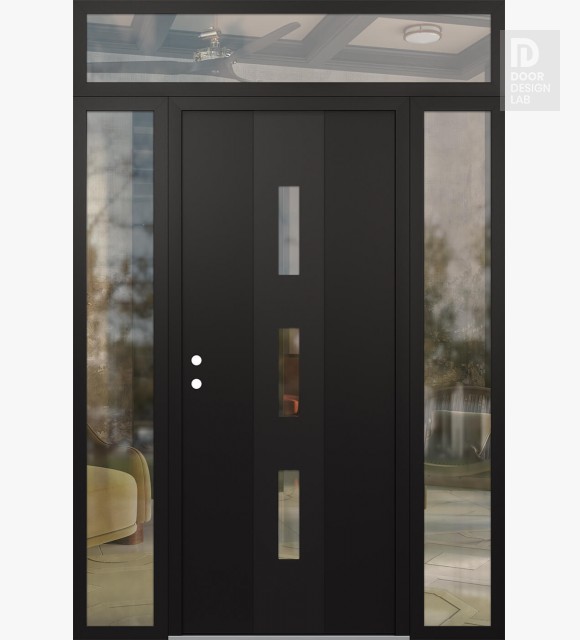 Modern Steel Front Door DIAMOND A7 68" X 96" BLACK/BLACK CLEAR GLASS PANEL BLACK RHI WITH 2 SIDELITES AND TRANSOM CLEAR GLASS