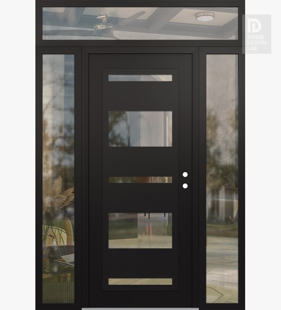 Modern Steel Front Door Diamond C10 68" x 96" black/black clear Glass Panel black LHI with 2 Sidelites and Transom clear Glass