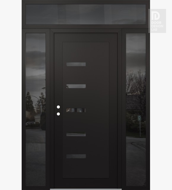 Modern Steel Front Door Diamond C8 64" x 96" black/black mirrored Glass Panel black RHI with 2 Sidelites and Transom mirrored Glass