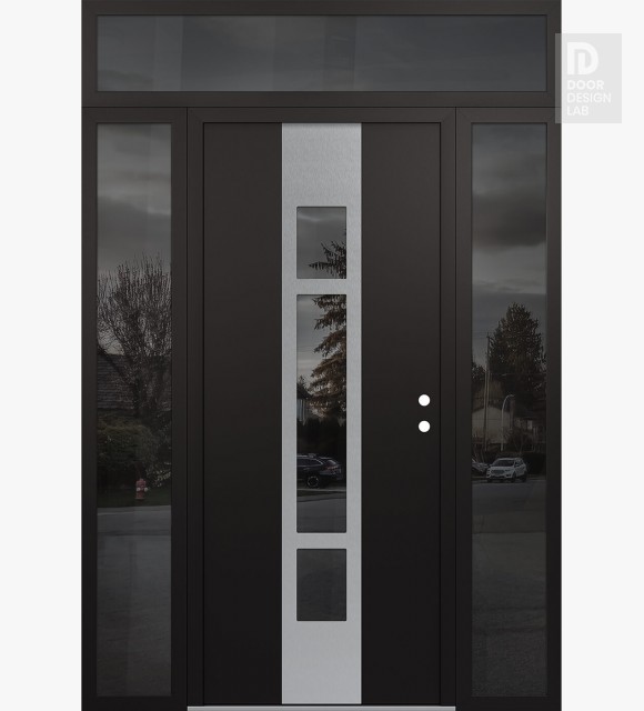 Modern Steel Front Door DIAMOND A9 64" X 96" BLACK/BLACK MIRRORED GLASS PANEL STAINLESS STEEL LHI WITH 2 SIDELITES AND TRANSOM MIRRORED GLASS