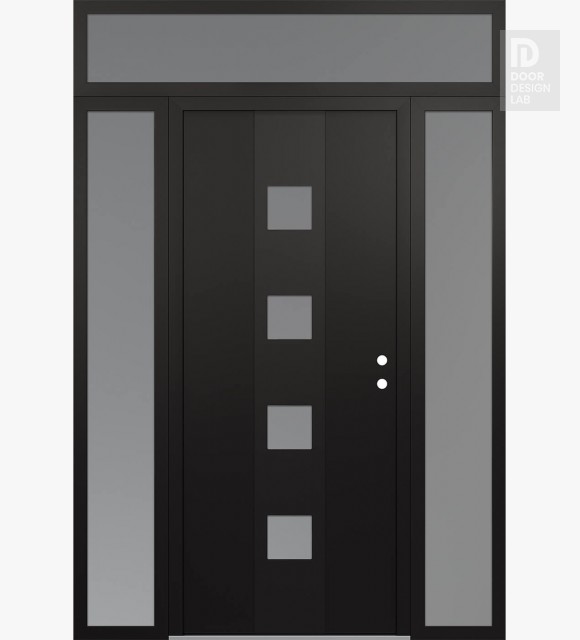 Modern Steel Front Door DIAMOND A12 68" X 96" BLACK/WHITE FROSTED GLASS PANEL BLACK LHI WITH 2 SIDELITES AND TRANSOM FROSTED GLASS