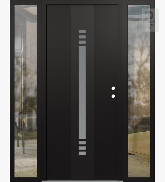 Modern Steel Front Door DIAMOND A5 64" X 80" BLACK/WHITE FROSTED GLASS PANEL BLACK LHI WITH 2 SIDELITES CLEAR GLASS