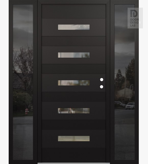 Modern Steel Front Door Diamond D9 64" x 80" black/black clear Glass Panel black LHI with 2 Sidelites mirrored Glass