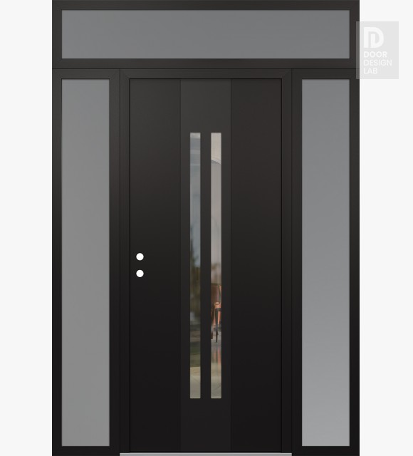 Modern Steel Front Door DIAMOND A8 68" X 96" BLACK/BLACK CLEAR GLASS PANEL BLACK RHI WITH 2 SIDELITES AND TRANSOM FROSTED GLASS