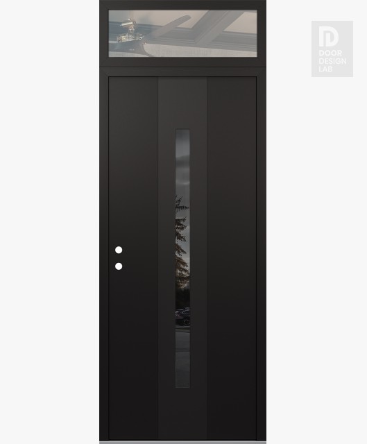 Modern Steel Front Door DIAMOND A2 36" X 96" BLACK/BLACK MIRRORED GLASS PANEL BLACK RHI WITH TRANSOM CLEAR GLASS