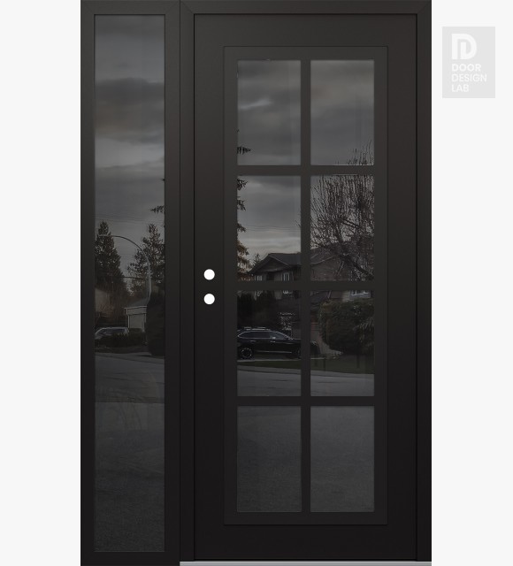 Modern Steel Front Door Diamond C16 52" x 80" black/black mirrored Glass Panel black RHI with Sidelite mirrored Glass