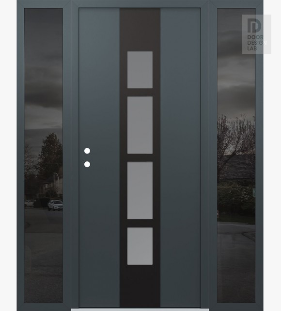 Modern Steel Front Door DIAMOND A10 68" X 80" ANTHRACITE/ANTHRACITE FROSTED GLASS PANEL BLACK RHI WITH 2 SIDELITES MIRRORED GLASS