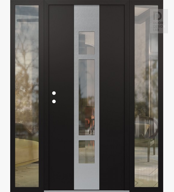 Modern Steel Front Door DIAMOND A9 64" X 80" BLACK/BLACK CLEAR GLASS PANEL STAINLESS STEEL RHI WITH 2 SIDELITES CLEAR GLASS