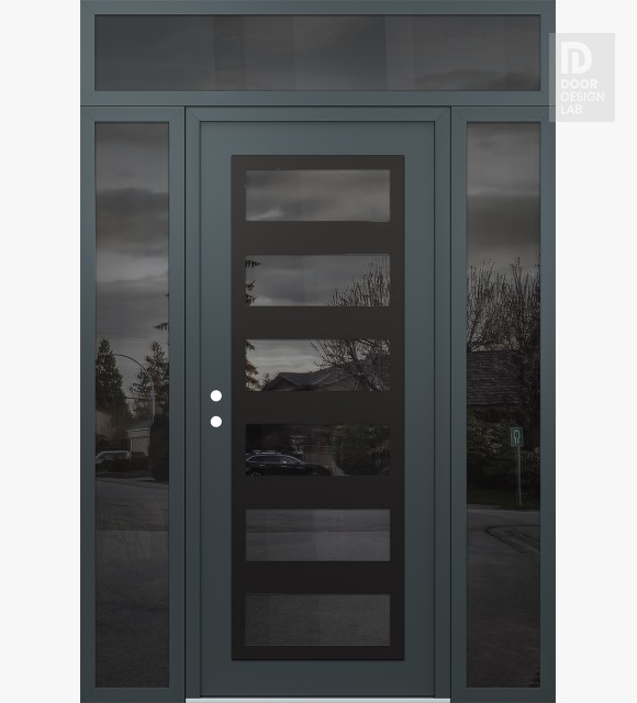 Modern Steel Front Door Diamond C9 60" x 96" anthracite/anthracite mirrored Glass Panel black RHI with 2 Sidelites and Transom mirrored Glass