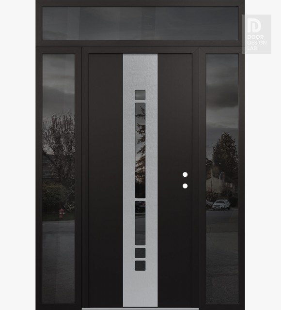 Modern Steel Front Door DIAMOND A3 68" X 96" BLACK/BLACK MIRRORED GLASS PANEL STAINLESS STEEL LHI WITH 2 SIDELITES AND TRANSOM MIRRORED GLASS