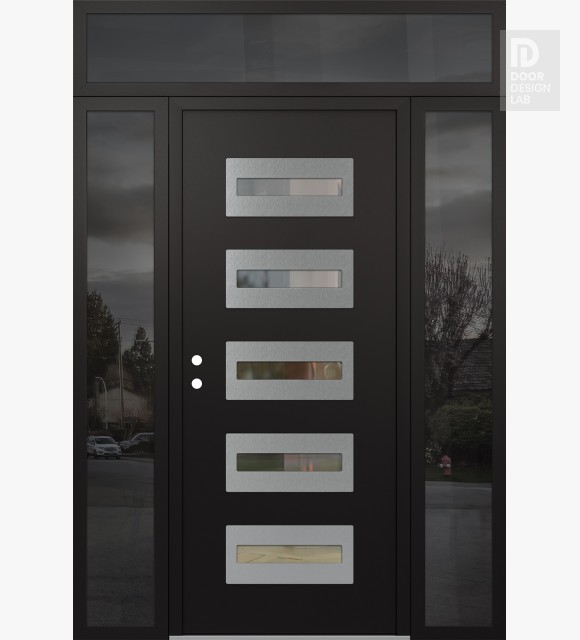 Modern Steel Front Door Diamond D4 60" x 96" black/black clear Glass Panel stainless steel RHI with 2 Sidelites and Transom mirrored Glass