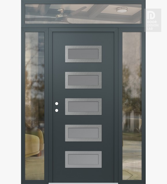 Modern Steel Front Door Diamond D1 60" x 96" anthracite/anthracite frosted Glass Panel stainless steel RHI with 2 Sidelites and Transom clear Glass