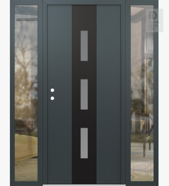 Modern Steel Front Door DIAMOND A7 68" X 80" ANTHRACITE/ANTHRACITE FROSTED GLASS PANEL BLACK RHI WITH 2 SIDELITES CLEAR GLASS