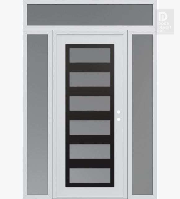 Modern Steel Front Door Diamond C9 68" x 96" white/white frosted Glass Panel black LHI with 2 Sidelites and Transom frosted Glass