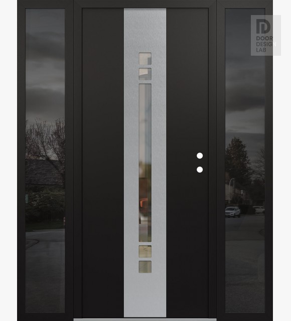 Modern Steel Front Door DIAMOND A4 68" X 80" BLACK/BLACK CLEAR GLASS PANEL STAINLESS STEEL LHI WITH 2 SIDELITES MIRRORED GLASS