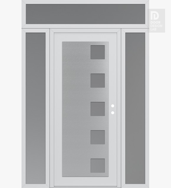 Modern Steel Front Door Diamond C5 60" x 96" white/white frosted Glass Panel stainless steel LHI with 2 Sidelites and Transom frosted Glass