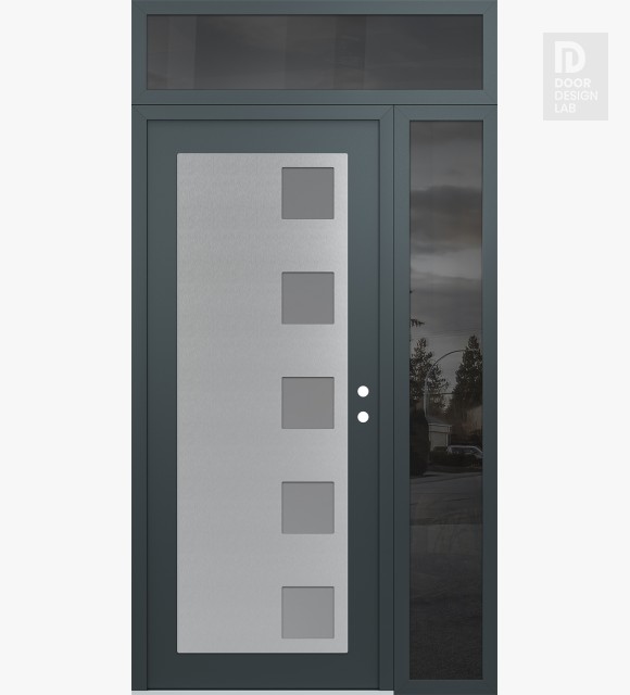 Modern Steel Front Door Diamond C5 52" x 96" anthracite/anthracite frosted Glass Panel stainless steel LHI with Sidelite and Transom mirrored Glass