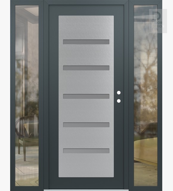 Modern Steel Front Door Diamond C7 60" x 80" anthracite/anthracite frosted Glass Panel stainless steel LHI with 2 Sidelites clear Glass