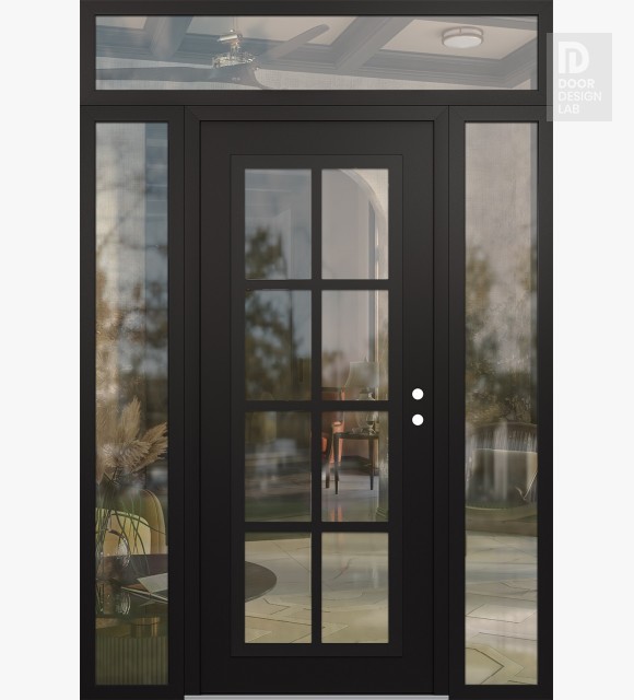 Modern Steel Front Door Diamond C16 68" x 96" black/black clear Glass Panel black LHI with 2 Sidelites and Transom clear Glass