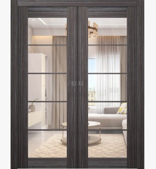 Palladio 5 Lite Clear Vetro Gray Oak Double pocket doors