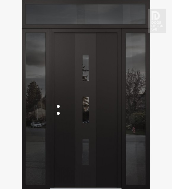 Modern Steel Front Door DIAMOND A7 68" X 96" BLACK/BLACK MIRRORED GLASS PANEL BLACK RHI WITH 2 SIDELITES AND TRANSOM MIRRORED GLASS