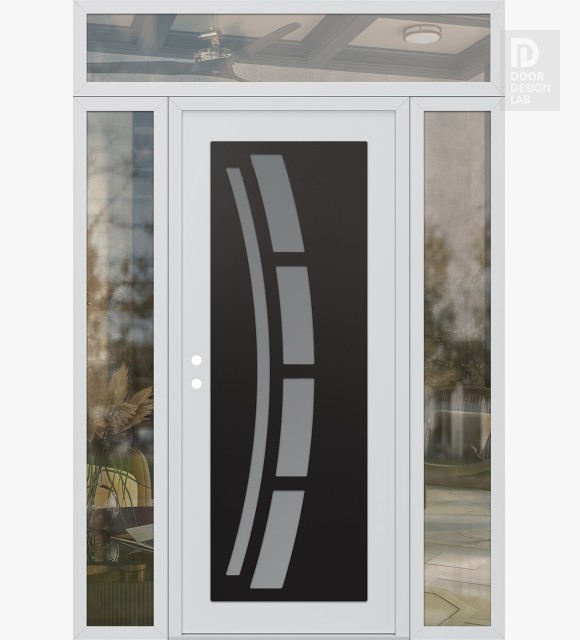Modern Steel Front Door Diamond C12 64" x 96" white/white frosted Glass Panel black RHI with 2 Sidelites and Transom clear Glass