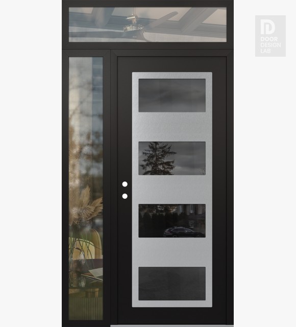 Modern Steel Front Door Diamond C2 48" x 96" black/black mirrored Glass Panel stainless steel RHI with Sidelite and Transom clear Glass