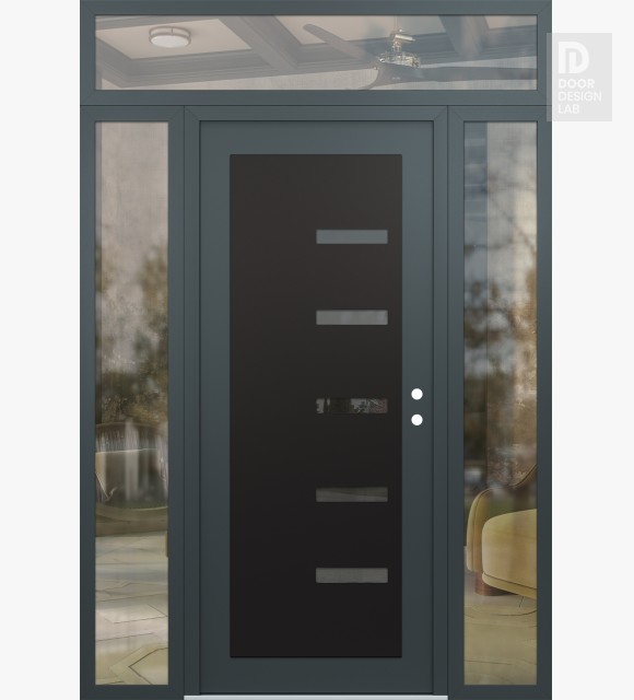 Modern Steel Front Door Diamond C8 64" x 96" anthracite/anthracite mirrored Glass Panel black LHI with 2 Sidelites and Transom clear Glass