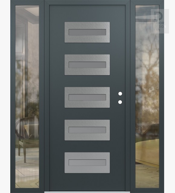 Modern Steel Front Door Diamond D4 60" x 80" anthracite/anthracite frosted Glass Panel stainless steel LHI with 2 Sidelites clear Glass